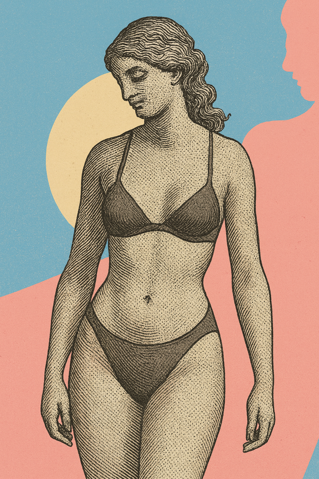 Vintage illustration of a woman in contemplative pose, representing body changes and self-reflection